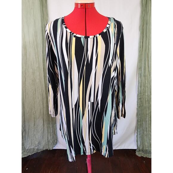 JM Collections Black White Stretch Knit Long Sleeves Tunic Blouse Size L - Picture 1 of 5